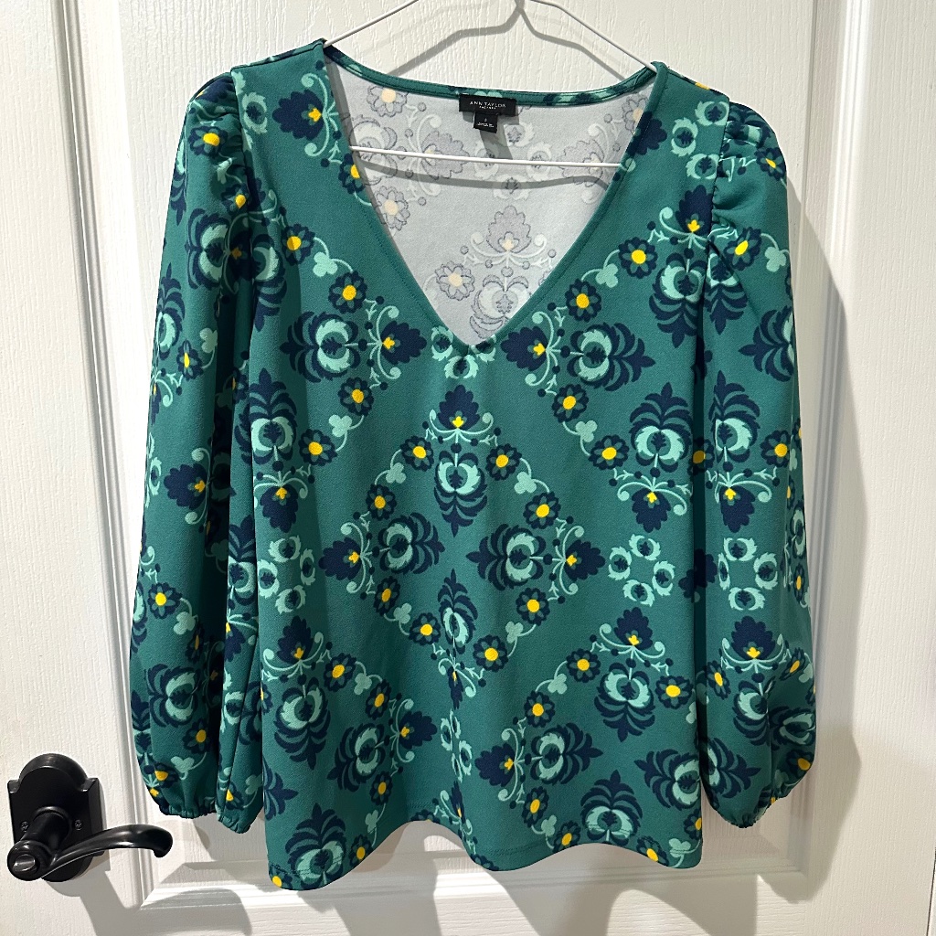 Ann Taylor Green Blue And Yellow Floral Retro Print Top